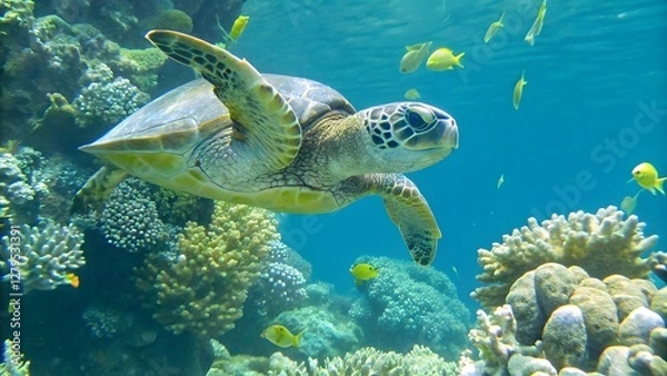 Fototapeta A sea turtle swimming gracefully through clear blu