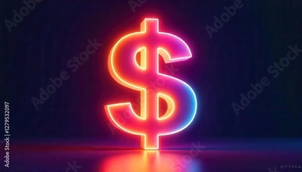 Obraz Create a floating 3D dollar sign with a glossy, transparent surface illuminated by vibrant neon gradient colors
