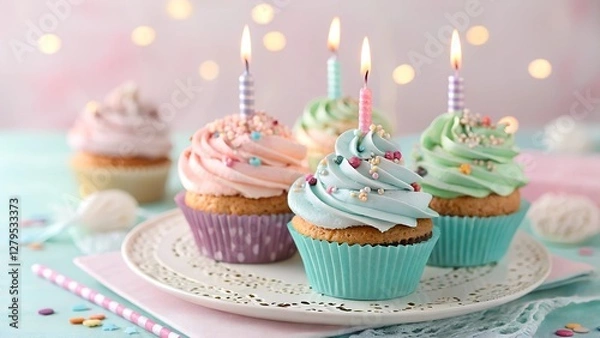 Fototapeta Festive Birthday Cupcakes with Candles on a Plate