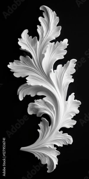 Fototapeta Elegant White Acanthus Leaf in Stucco Detailing Against a Dark Backdrop
