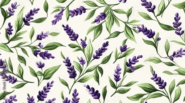 Obraz   A zoomed-in image of a cluster of purple blossoms against a white backdrop, featuring lush green foliage