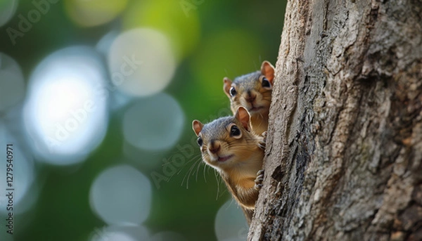 Fototapeta Curious Squirrels Peeking from Tree Trunk with Soft Bokeh Background in Natural Forest Environment