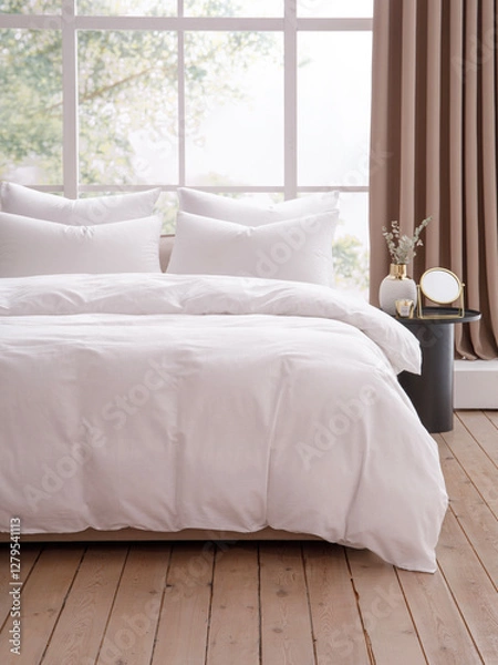Obraz Bright bedroom with a bed, white duvet, four pillows and bedside table. Front view photo. Right side