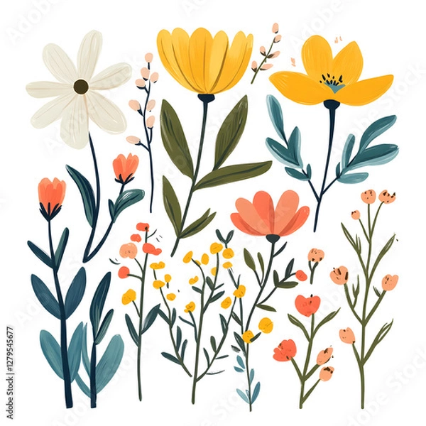Fototapeta Set of spring flowers, including vibrant tulips, daffodils, and bluebells, with fresh green leaves. The design features clean lines and bright colors, ideal for use in seasonal illustrations.