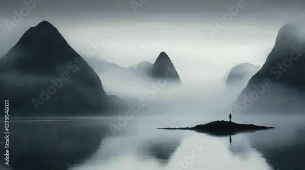 Obraz   A person stands on a small island amidst a body of water encircled by towering mountains shrouded in fog