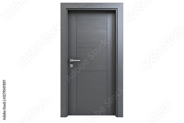 Fototapeta Detailed Gray Wooden Door With Metallic Frame And Handle Isolated On Transparent Background Entrance Design Architecture Object With Shiny Surface