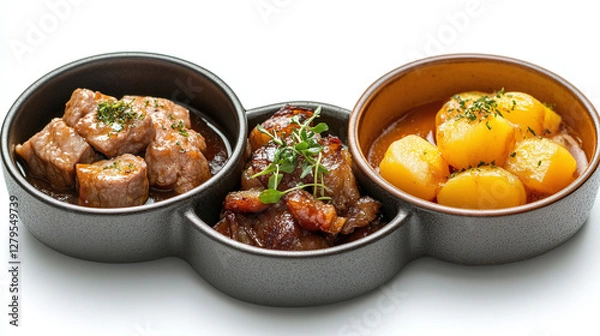 Fototapeta Collection of three dishes containing potatoes, meat and sauce, isolated on white background