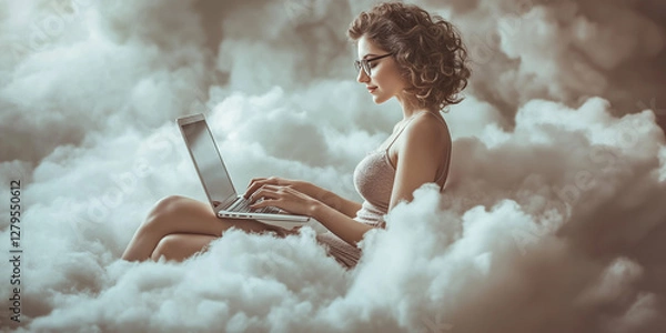 Fototapeta Elegant Professional Woman Typing on Laptop in a Surreal White Cloud