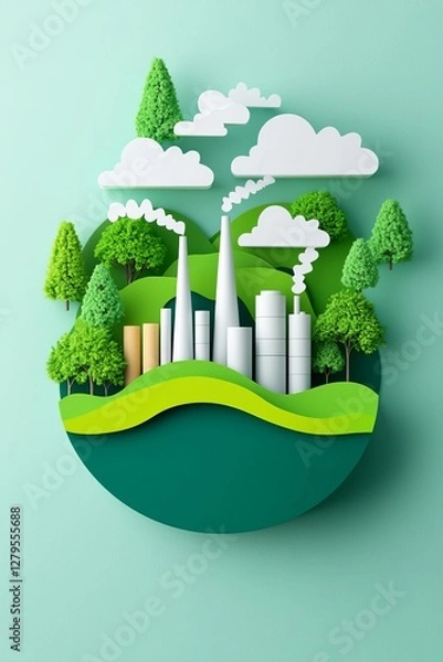 Obraz Industrial development and environmental balance urban setting 3d art green energy aerial view sustainability concept