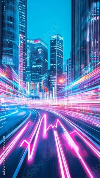 Fototapeta Dynamic urban nightscape vibrant light trails city center photography modern architecture low angle energy and motion