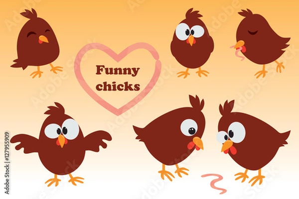 Fototapeta Cute cartoon set Chicken. Funny brown  in different positions, vector illustration.