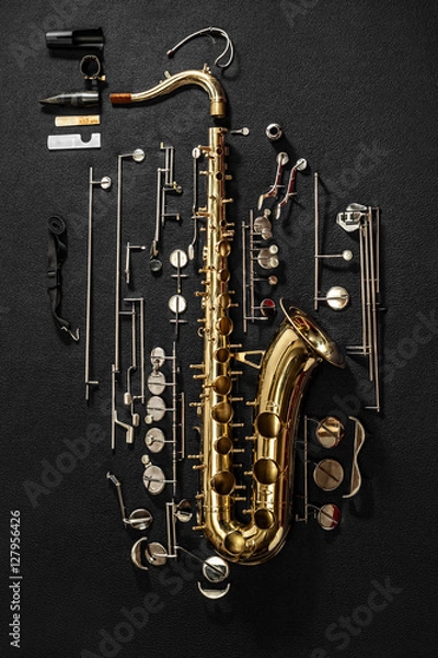 Fototapeta Saksofon tenorowy, rozstrzelony rysunek na białym tle na szarym tle.
Schemat eksplodowany saksofonu tenorowego. Kluczowe działanie instrumentu.