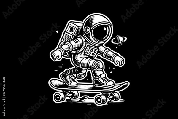 Obraz Astronaut kid in Space Suit with cartoon Black and White graphic design Illustration
