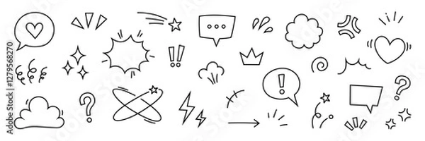 Fototapeta Comic cute speech bubble cartoon element icon set. Comic cute speech bubble, emphasis, star spark, line movement cartoon vector icon. Outline doodle speed motion, funny spark. Vector illustration