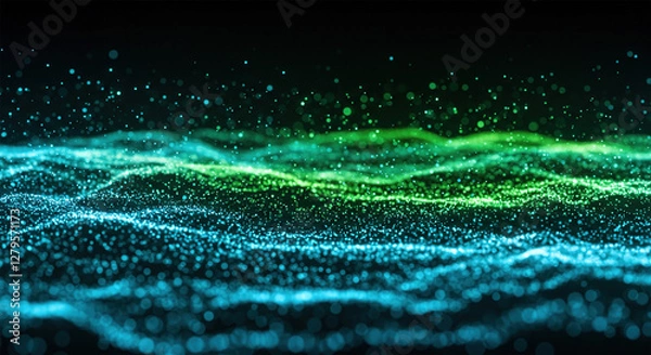 Fototapeta Background with glowing light blue and green lines, particles of data flowing in the air.