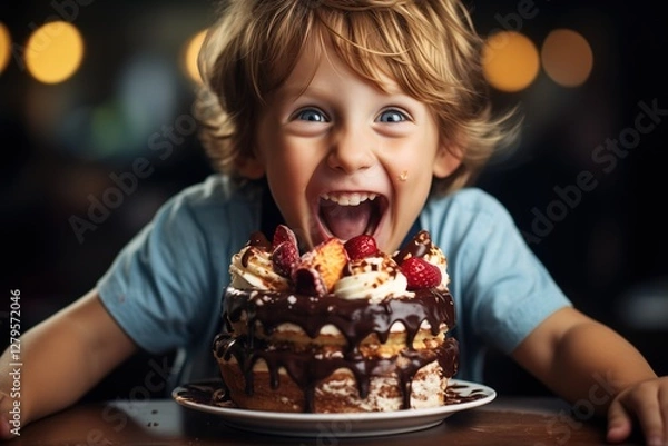 Obraz Happy boy with a chocolate cake
