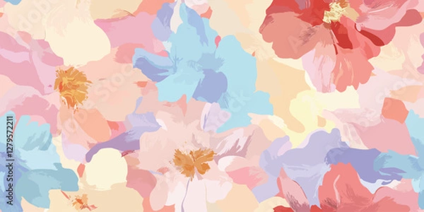 Obraz An abstract floral painting featuring pink, yellow, and blue colors, blooming vibrancy for greetings, invitations, manufacture wrapping paper, textile and web design.