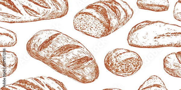 Obraz Hand drawn seamless pattern of bread and bakery products. Baked goods background, doodle beige seamless pattern. Vector background, Wallpaper for bread and confectionery