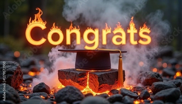 Obraz graduation cap on volcanic stones with glowing congrats text and fiery flames, intense and powerful academic achievement celebration