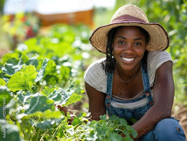 Obraz Modern black woman in agriculture smiling while working in garden
