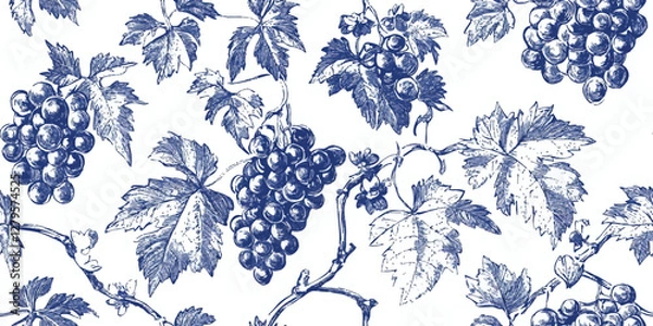Obraz Blue Chinoiserie vector seamless pattern with Intricate Grape Vine Design in blue color and foliage reminiscent of classic Chinese porcelain art on white background
