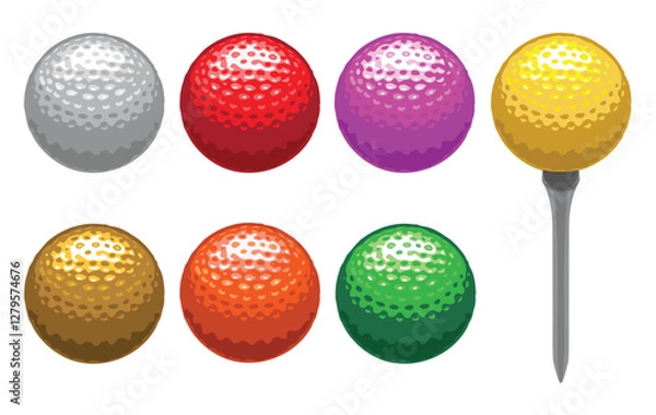 Fototapeta Seven stylish golf balls in white, red, pink, yellow, gold, orange, and green, each on a golf tee. Modern flat vector design for men’s and women’s golf logos, icons, and symbols.