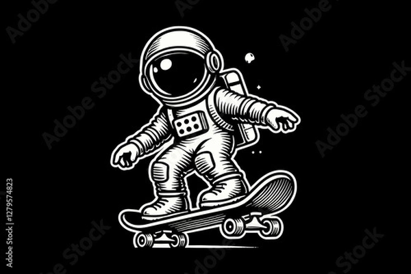Obraz Astronaut in Space Suit cartoon playing skateboard Black and White graphic design Illustration