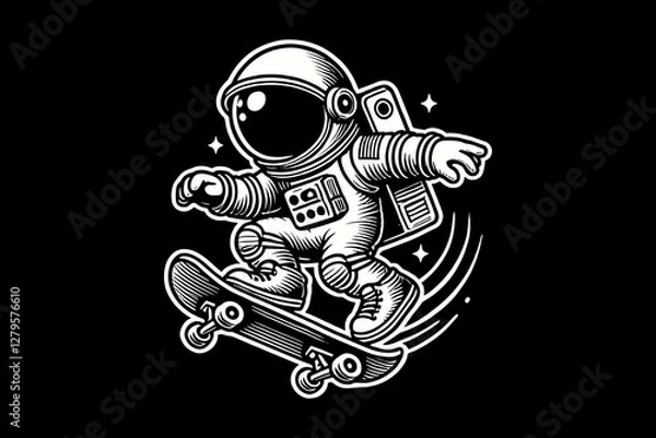 Obraz Astronaut in Space Suit cartoon playing skateboard Black and White graphic design Illustration