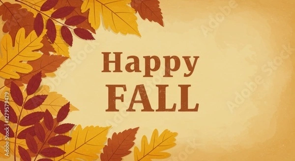 Fototapeta A seasonal card with autumn leaves, a warm color palette, and Happy Fall in a rustic, cozy font