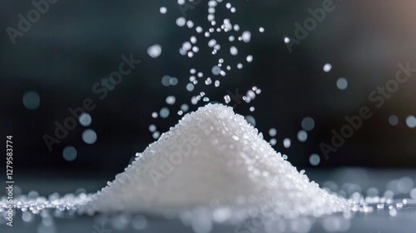 Obraz A closeup shot of a mound of fine white sugar showcasing its glistening crystals, ideal for various culinary themes