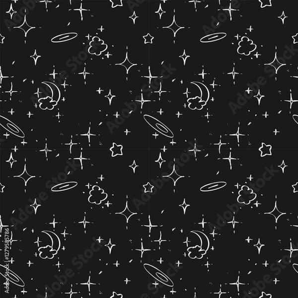 Fototapeta seamless pattern with stylized stars, clouds and moon, handmade drawing, vector