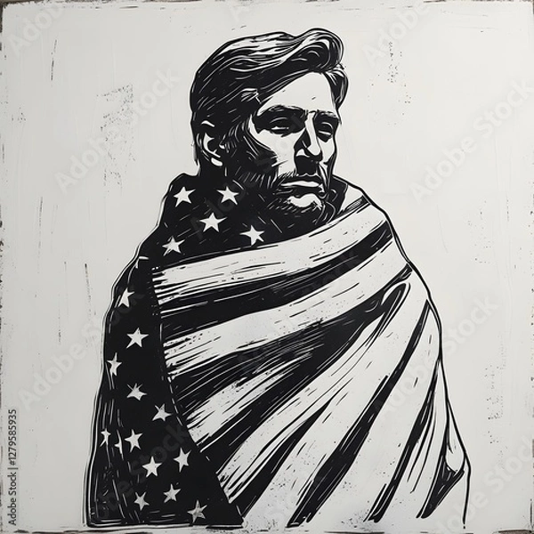 Obraz sketch of a man wrapped in an American flag