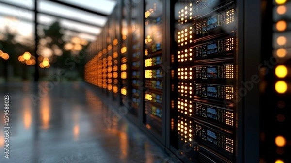 Fototapeta A modern telecommunications setting featuring a dark data center with numerous rows of fully operational server racks illuminated by pink neon light