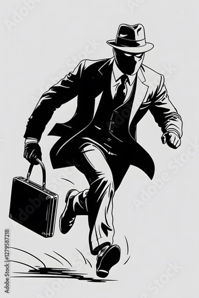 Obraz sketch of a masked thief in a suit and hat running with a briefcase