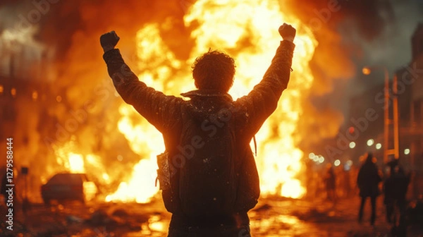 Fototapeta a dramatic scene of rioting or rebellion. In the center stands a man in dark clothing with his fists raised in triumph, determination, or protest. 