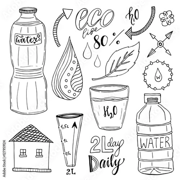 Fototapeta Vector hand drawn set of water and recycle icons. Healthy collection with water bottles. Drink more water concept
