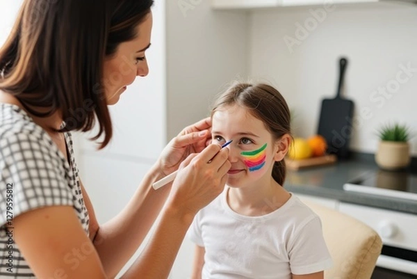 Fototapeta A nurturing Hispanic mother carefully paints colorful stripes on her young daughter's face in a bright kitchen, enhancing the child's playful spirit before a fun celebration.