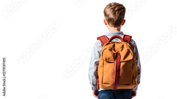 Fototapeta young boy wearing a backpack is seen from behind on a white background with copy space for text. back to school concept.