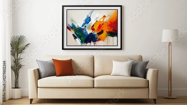 Fototapeta Clean minimalist interior featuring a framed ISO A size poster of modern art elegantly positioned above a beige sofa