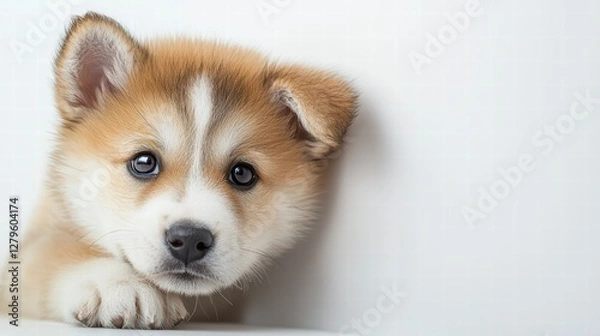 Fototapeta This adorable Siberian husky puppy steals the show with its captivating gaze. The young pup with soft fur and expressive eyes evokes warmth and an instant connection.