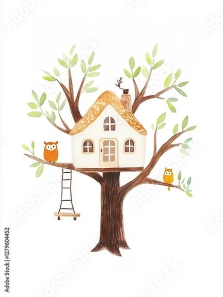 Fototapeta A whimsical treehouse with owls perched, symbolizing childhood joy.