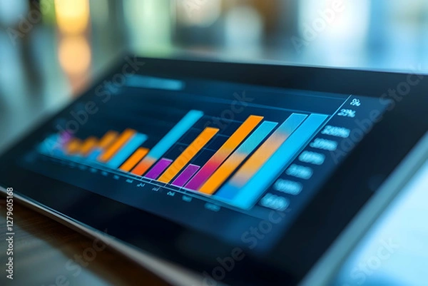 Obraz Digital tablet displaying a rising bar graph, symbolizing business growth, financial success, and economic stability