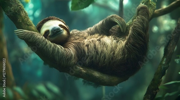 Fototapeta A sloth hanging on a branch and sleeping