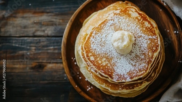 Obraz Delicious pancakes served on a wooden plate with butter and powdered sugar topping