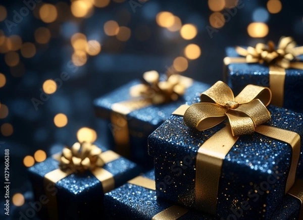 Fototapeta On a dark, reflective surface, a stack of navy blue gift boxes with gold ribbons glows under the light of shimmering golden lights, presenting a festive and lavish scene