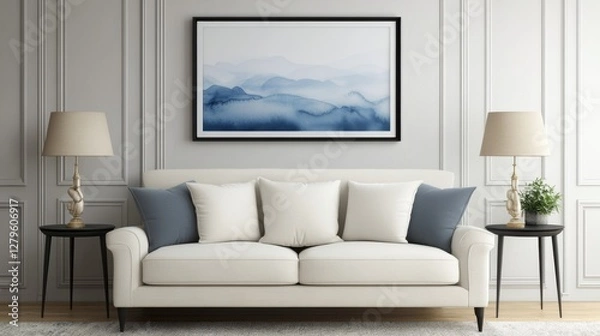 Fototapeta A modular sofa positioned against a beige stucco wall, complemented by an abstract art frame in a minimalist living room