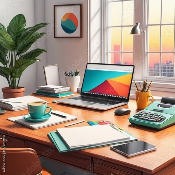 Fototapeta Vintage Workspace - Hand-illustrated Morning Vibe