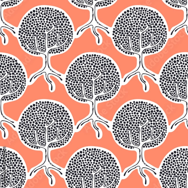 Fototapeta Seamless pattern, vector hand drawn repeating illustration, decorative ornamental stylized endless trees. Red  abstract seamles graphic illustration. Artistic hand drawing background