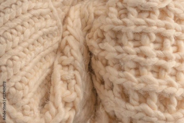 Fototapeta A fragment of beige knitted fabric, knitted from white sheep wool.