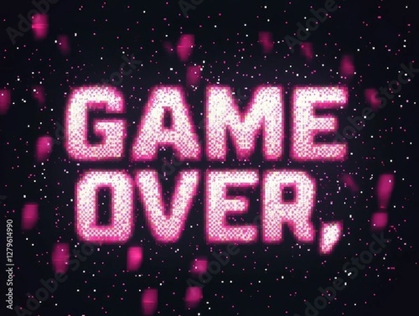 Obraz Pink pixelated game over message, confetti, dark background